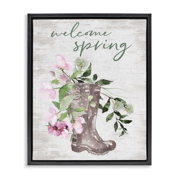 Stupell Industries Shabby Chic Welcome Spring Seasonal Rain Boots Flower Arrangement Black Floating Frame Canvas Art, 17 x 21, by Lettered and Lined