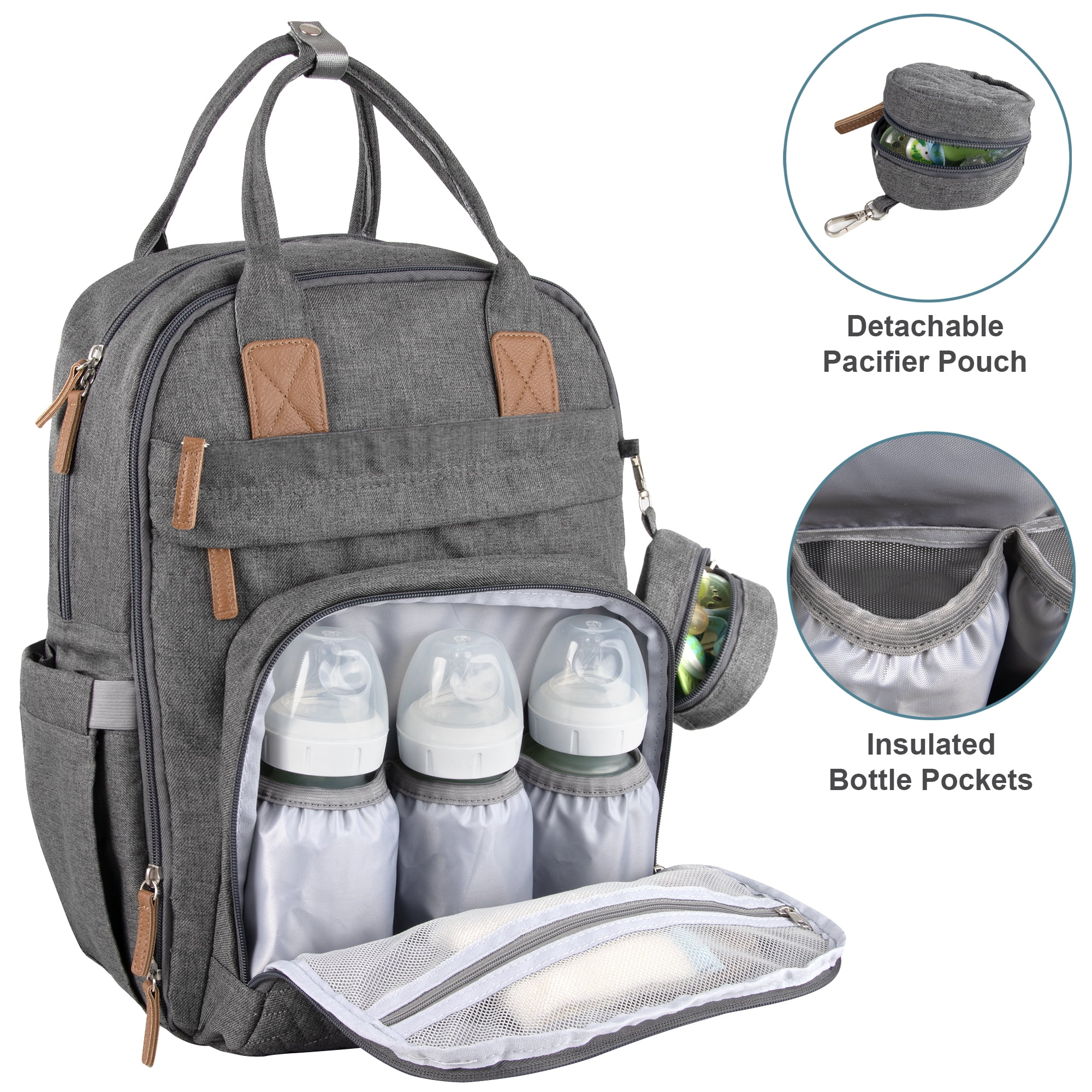 Baby Essentials Quilted 17 Pocket Diaper Bag Backpack Tote with Matching 6-Ply Changing Pad, Feeding Bottle Pockets, Stroller Straps & Pacifier Pouch in Heather Grey