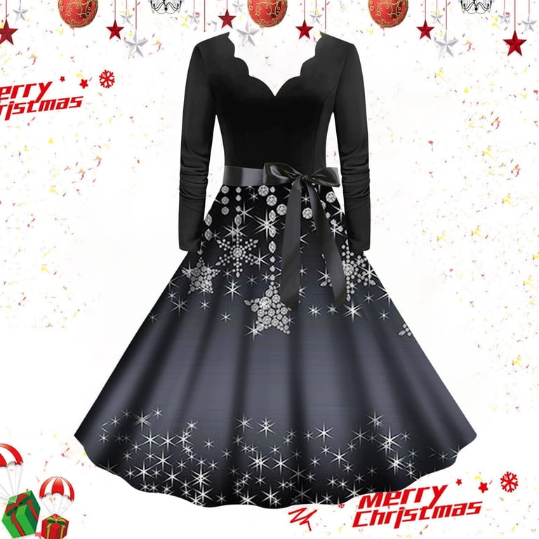 Adeawade Christmas Party Dresses For Women Autumn And Winter Snowflake  Print Long Sleeve Xmas Round Neck Dress Elegant Clothes Grey M - Walmart.com