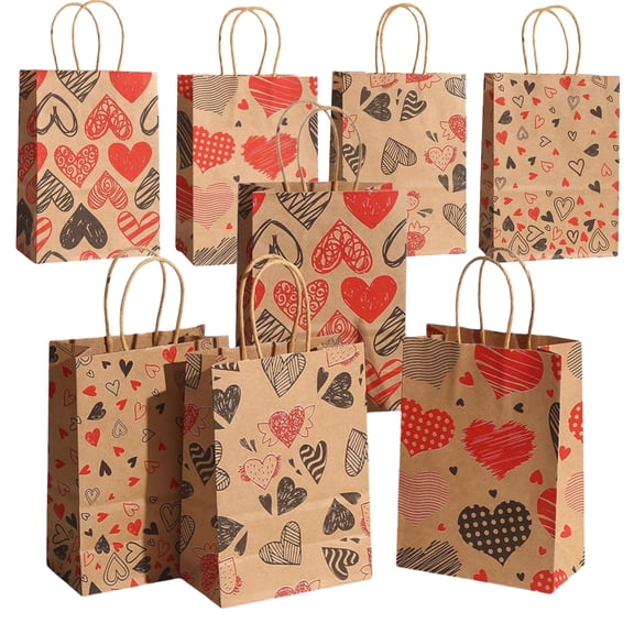 12 PCS Heart Print Kraft Paper Gift Bags for Mother's Day Valentine's Day  Birthday Party Favors Packaging Bag