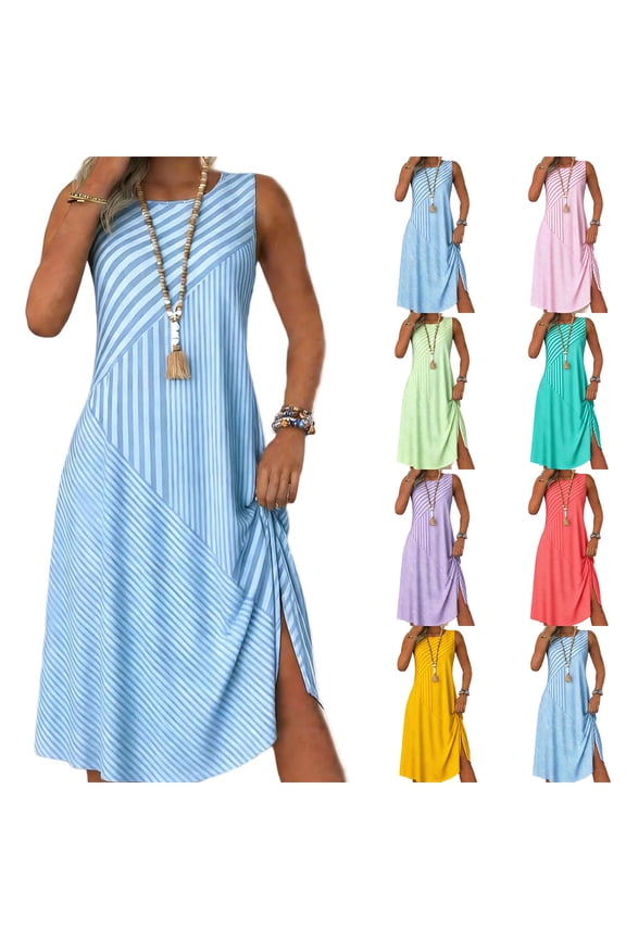Womens Summer Midi Dresses Striped Crewneck Tank Dresses Sleeveles A Line Loose Fit Split Dress Casual Lightweight Dresses Purple,M