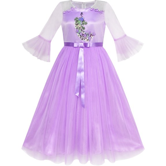 Girls Dress Purple Peacock Illusion Shoulder Bell Sleeve 6 Years