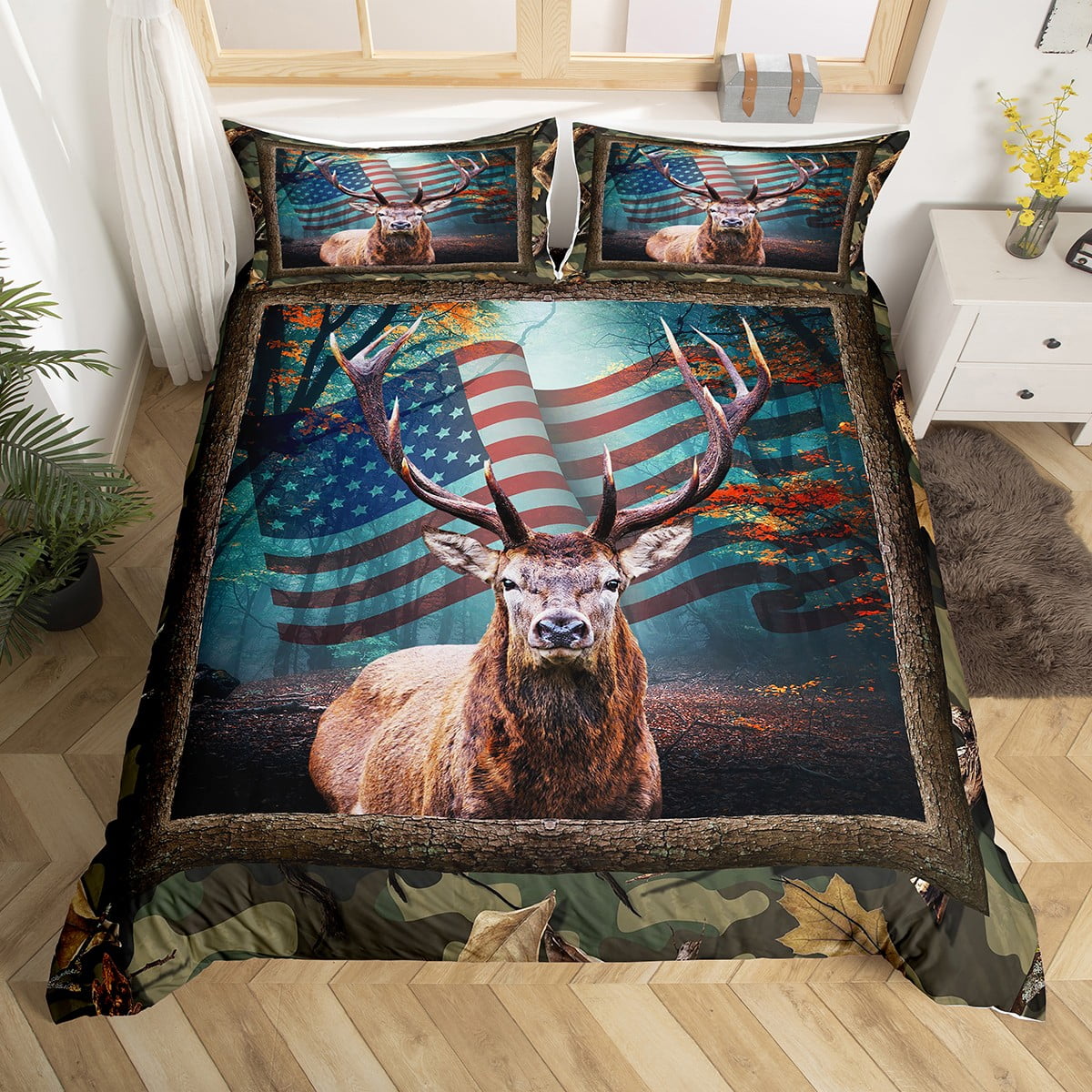 Castle Fairy Deer Hunt Duvet Cover Set Full Size Rustic Farmhouse Bedding  Set 3pcs Brown Dead Branches Camo Comforter Cover for Kids Teens Adults  Room