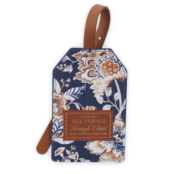 Christian Art Gifts Inspirational Vegan Leather Floral Scripture Luggage Tag for Women: All Things Through Christ- Baggage Accessory for Carry-On, Checked Bags, Backpacks, 4.8 X 3.1, Navy Blue/Brown (