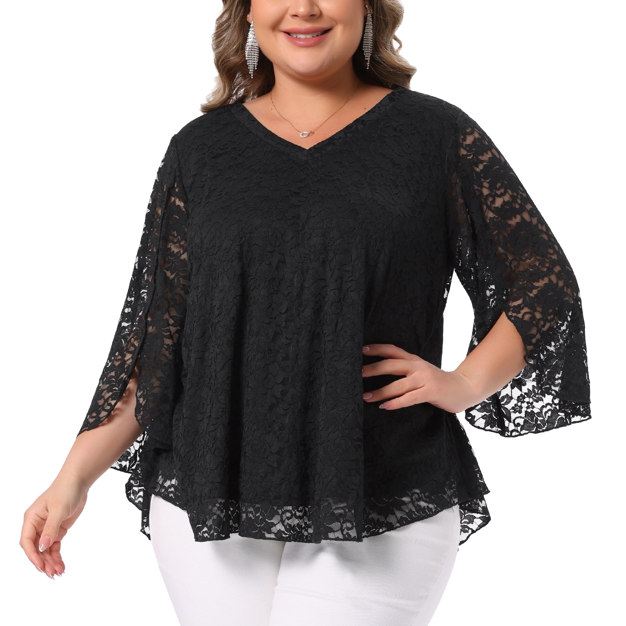 DARING DIVA Women's Plus Lace Top V-Neck Bell Sleeve Blouse Tunics 4X Black