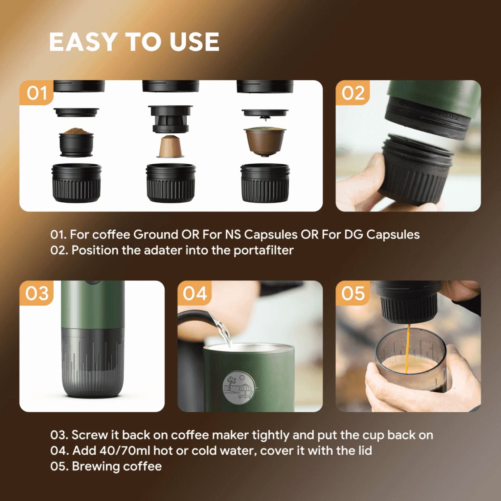 3-in-1 Portable Espresso Machine, Travel Coffee Maker with Self-Heating USB-C, 19Bar Mini Espresso for Camping Hiking Office