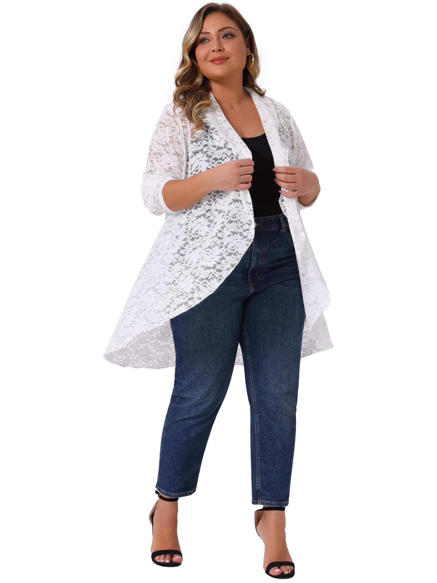 DARING DIVA Women's Plus Cardigan Open Front  Sheer Lace Crochet Cover Up 3X White