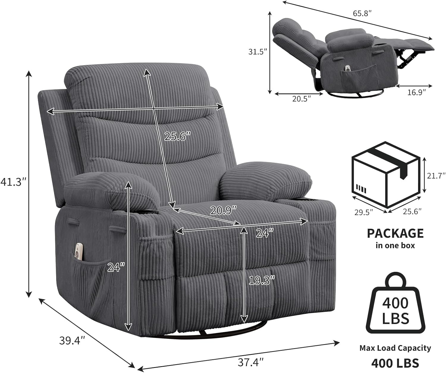 Recliner Chair Nursery, Oversized Manual Reclining Rocking Chair, Corduroy 360 Swivel Glider with Cup Holder, Massage and Heat Recliner, Small Sofa Chairs for Adults, Living Room,（Corduroy，Gray）