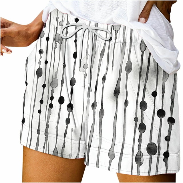 Pantalones Cortos Sueltos para Mujeres de Verano Impreso Encaje Hasta Bolsillo Elástico Pantalones Cortos Casuales Poliéster, Moda Pantalones Cortos de Verano para Uso Diario Y de Ocio