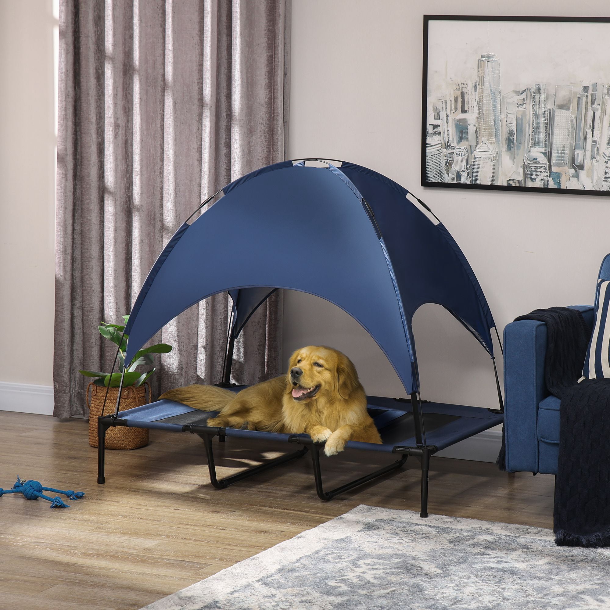 48" x 36" Elevated Dog Cot with Cooling Canopy Shade - Dark Blue Outdoor Pet Bed