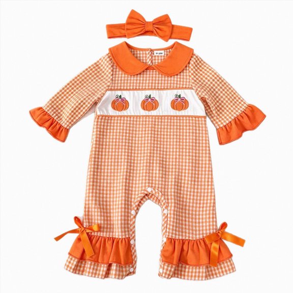YDFCWXW Baby Girl Pumpkin Embroidery Smocked Romper Plaid Jumpsuit, Fall Winter Holiday Outfit (Orange, 0-3 Months)