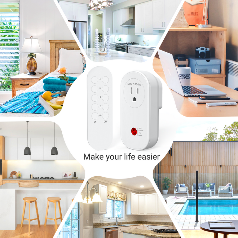 Wireless Remote Control Plugs, 40m/130ft Range for Lights, Appliances, 10a/1200w, 3 Surnice Outlets + 1 Remote, White