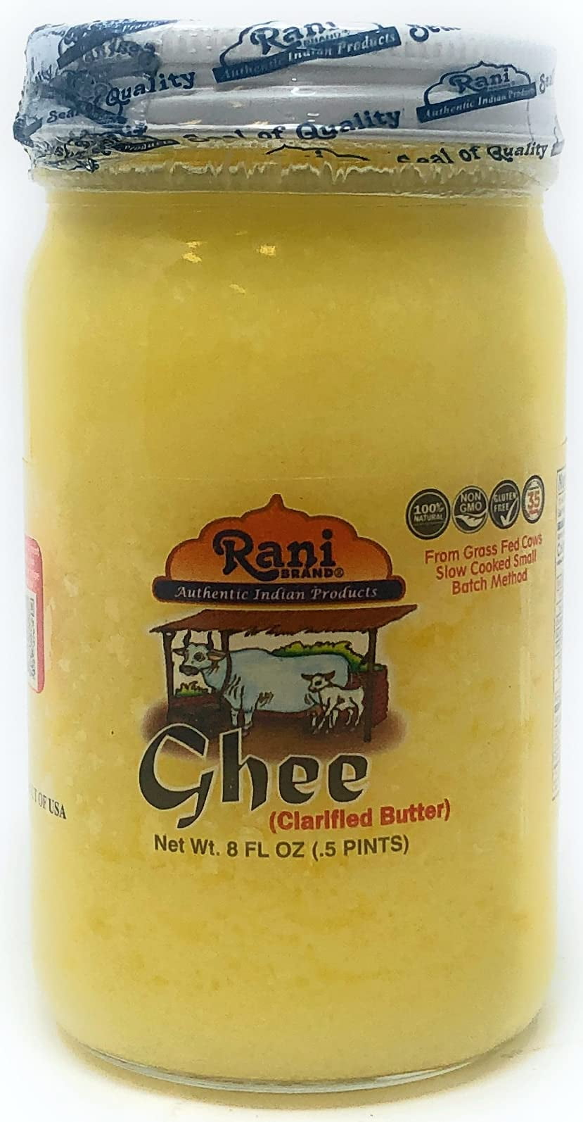Rani Ghee Pure & Natural from Grass Fed Cows (Clarified Butter) 8oz (227g) ~ Glass Jar | Paleo Friendly | Keto Friendly | Gluten Friendly | Product of USA
