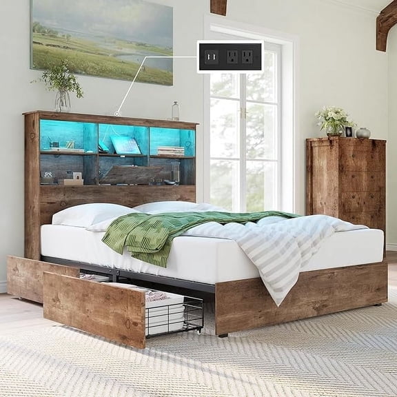 Amerlife Queen Size Bed Frame, Wooden Platform Bed with 51.2" LED Bookcase Headboard, 4 Storage Drawers, Charging Station, Noise-Free, Rustic Brown