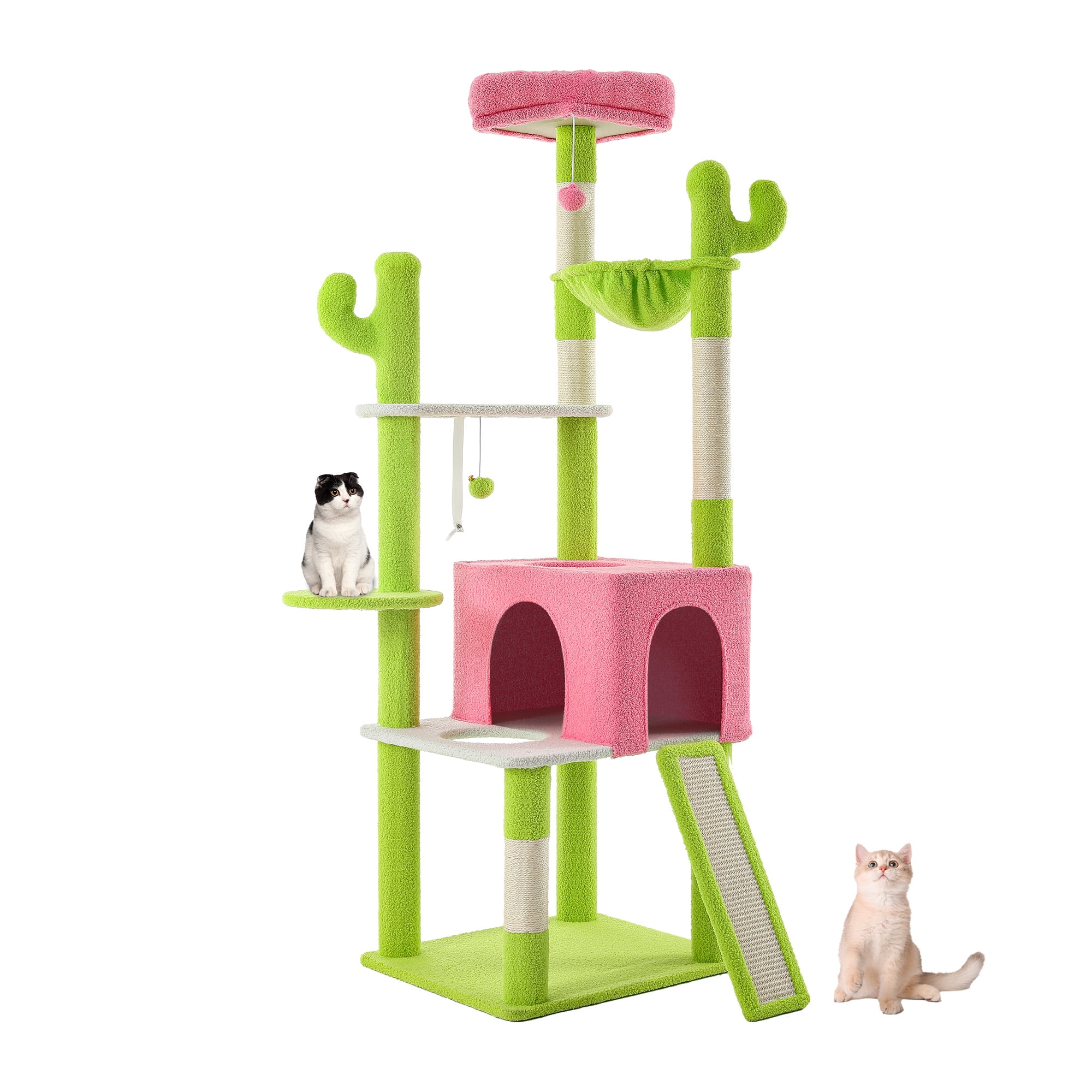 Uforic 68"  Tall Cactus Cat Tree, Multi-Level Large Indoor Cat Tower with Sisal Post, Hanging Balls, Green & Pink