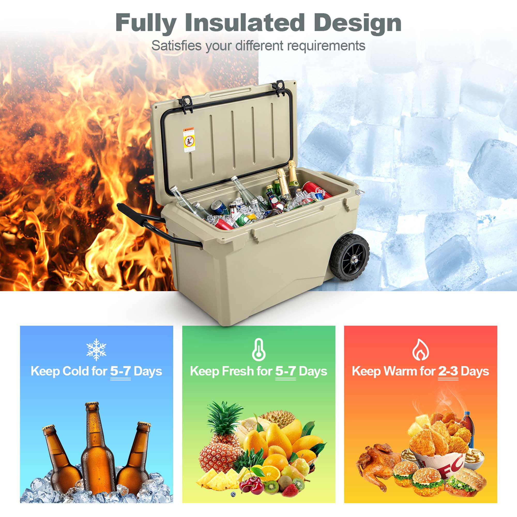 Costway 75 Qt Portable Cooler Roto Molded Ice Chest Insulated 5-7 Days with wheels Handle Tan