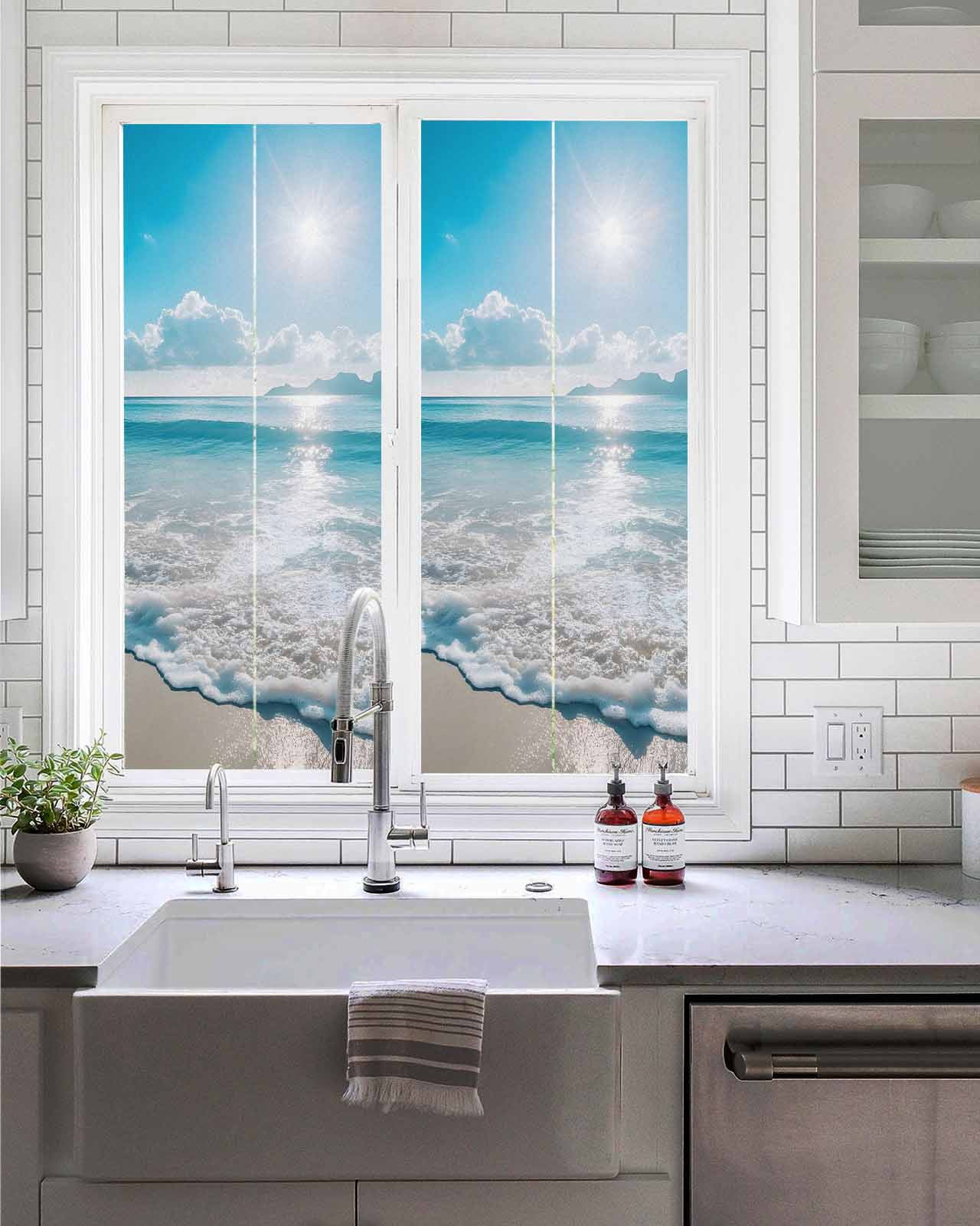 Window Privacy Film Coastal Beach Stained Glass Window Film Decorative Sun Block Window Cover Blue Ocean Sunrise Waves Sand Shore Window Clings Static Adhesive Sticker for Bathroom 19.6"x39.3"