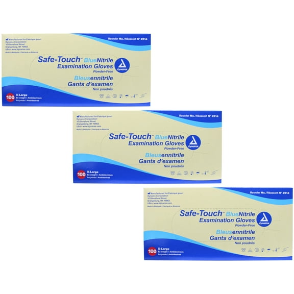 3 Pack Dynarex Safe Touch Blue Nitrile Exam Gloves XL Powder Free #2514 100 Each