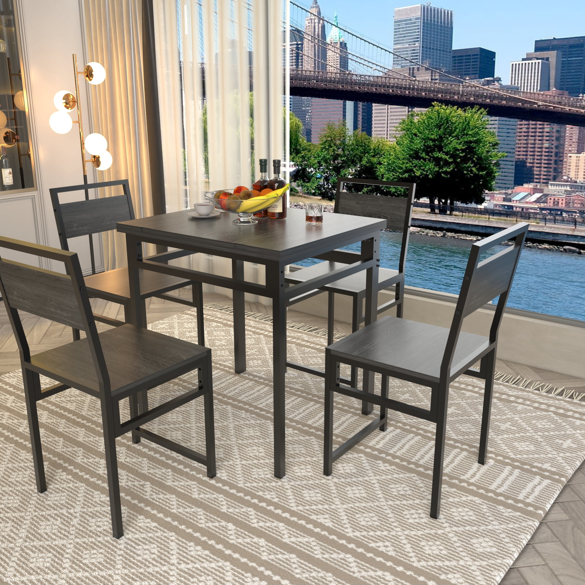 HOQBN Extendable Dining Table Set with 4 Chairs, Industrial Rectangular Kitchen Table,Wood Grain Metal Frame Space Saving Dinner Furniture for Small Family Apartment,Charcoal+Grey