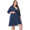 thumbnail image 3 of Vestido de talgrande pamujer, lunares, casual, cuello en V, man3/4, vestido midi ajustado y acampanado Azul marino 3XL, 3 of 5