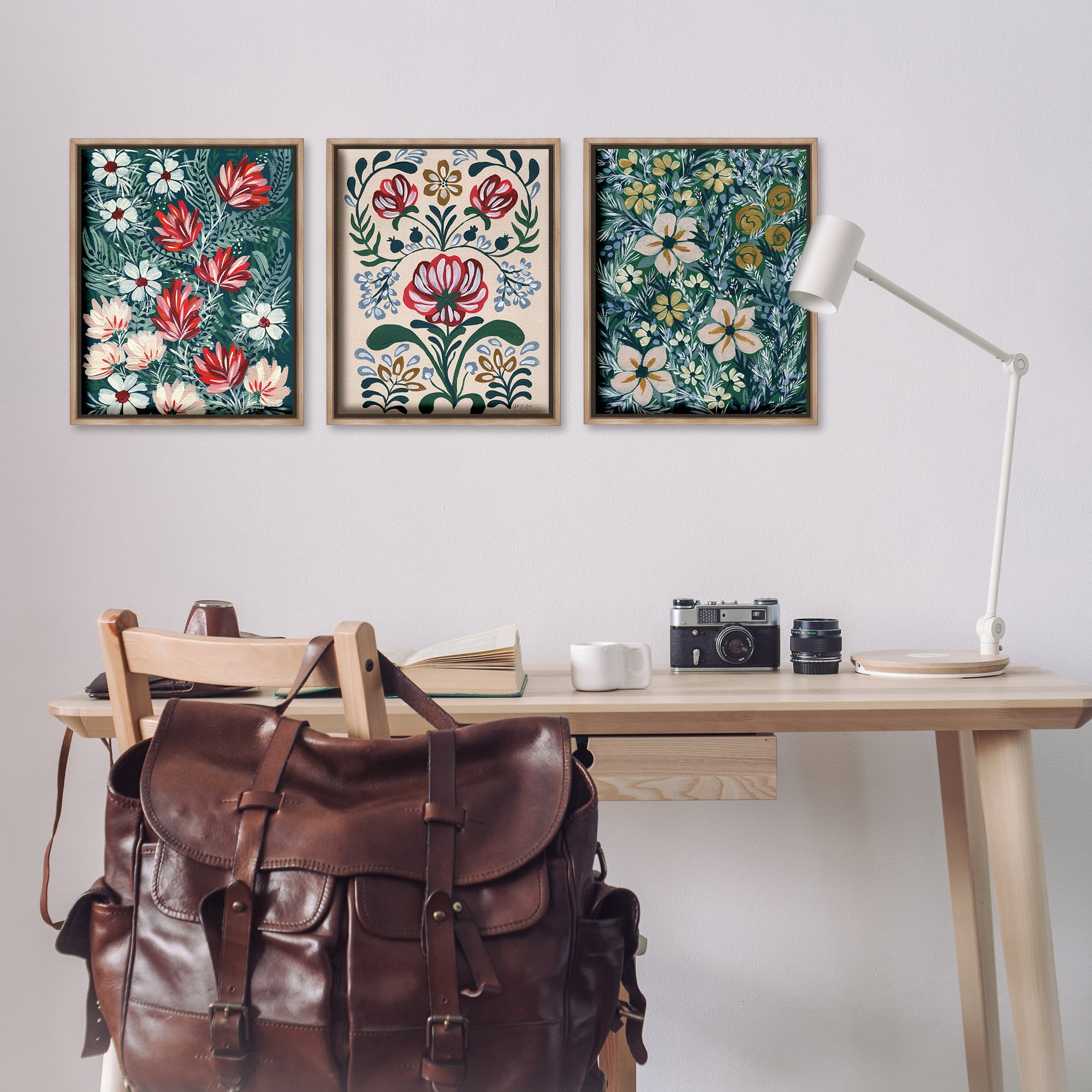 Stupell Industries Boho Folksy Florals Plants & Flowers Painting Brown Floater Framed Canvas Art Print Wall Art, 17 x 21, Set of 3