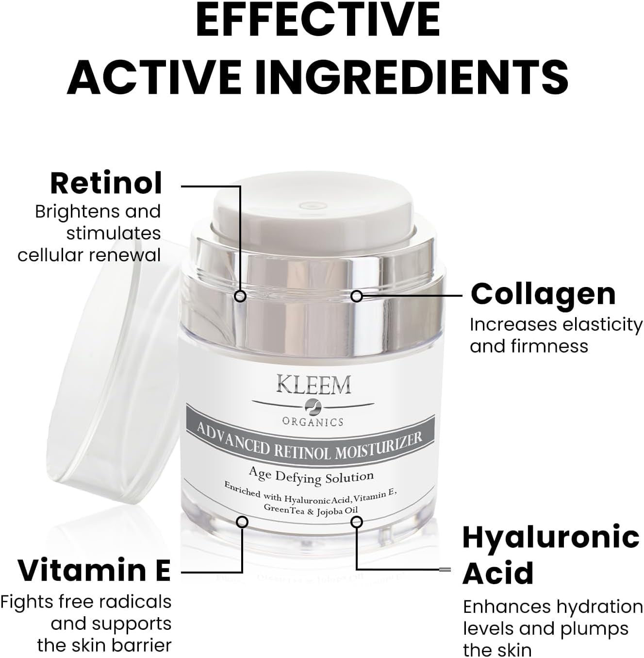 Kleem Organics Retinol Night Cream with Hyaluronic Acid & Collagen- Anti Aging Face Moisturizer to Reduce Wrinkles, Fine Lines, Age Spots -1.7 fl. oz