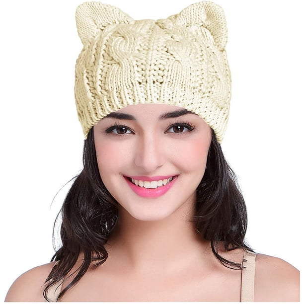 Lindo gorro de lana tejido con orejas de gato para mujer y niña, gorro de ganchillo con orejas de gato en color beige |