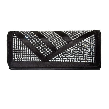 Unique Black Satin Clutch Bag With Silver Tone Studs Clear Rhinestones Chain