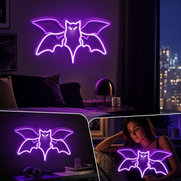 Halloween Bat Neon Light 13.78in Purple White LED Hanging Wall Decoration for Home Party Bar Window Display, Spooky Themed Gift and Photo Prop
