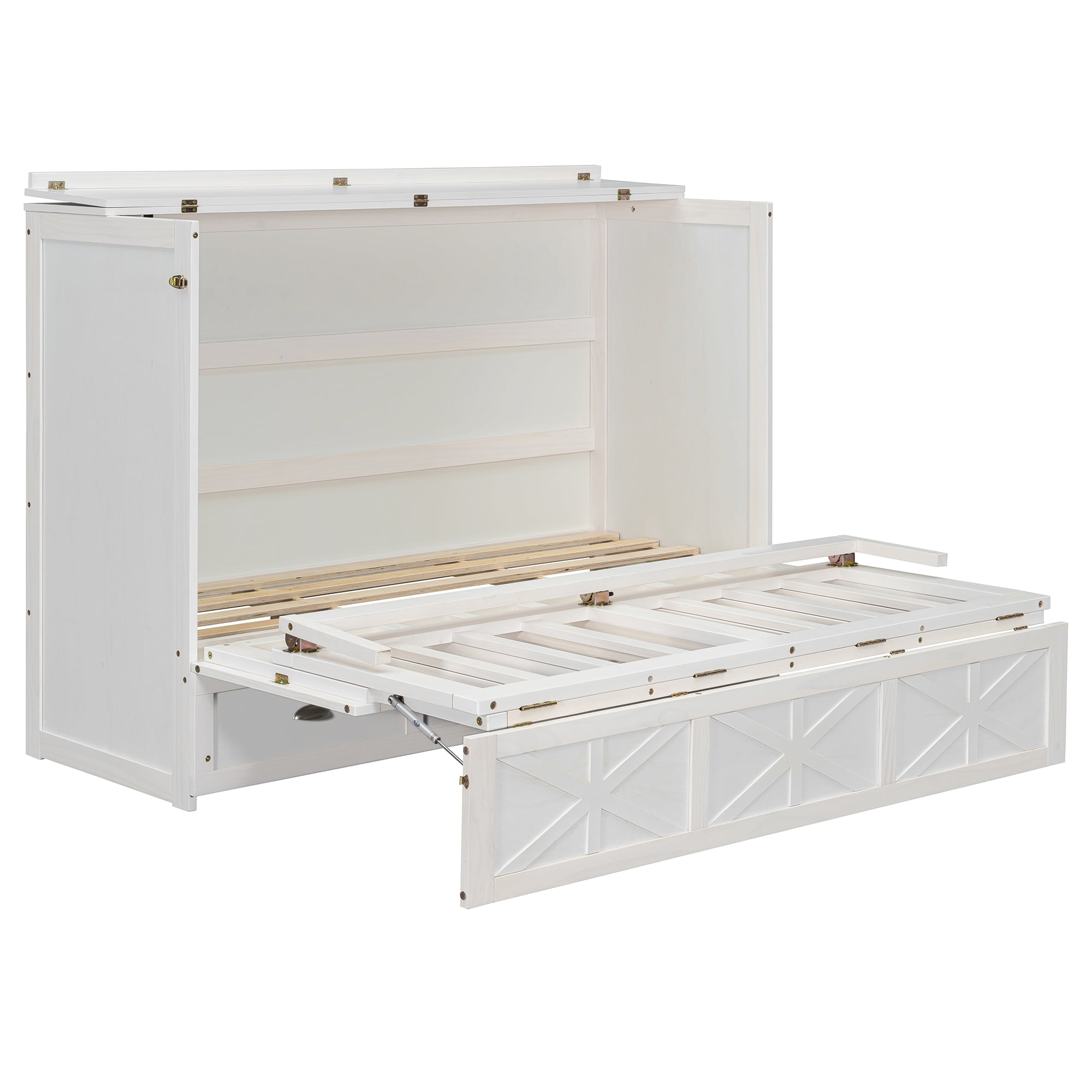 Mintazer Queen Size Murphy Bed with Charge Station & 3 Storage Drawers, Farmhouse Geometric Pattern Foldable Cabinet Wall Bed for Guest Room Small Apartment, White