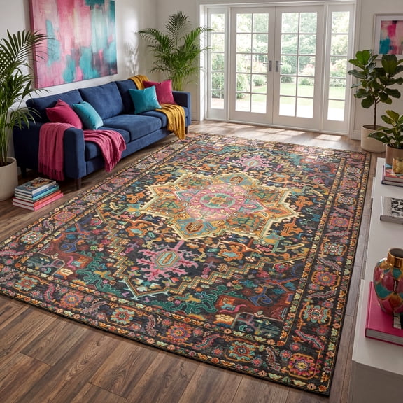 8x10 Vintage Oriental Area Rug for living Room, Black and Pink Low Pile Stain Resistant Non-Slip Washable Rug for Bedroom with Distressed Medallion Pattern