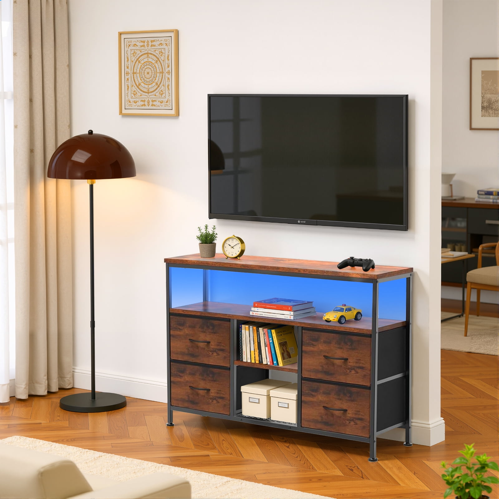 Simenmax TV Stand Dresser, Smart LED TV Stand with Charging Station, 4-Drawer Media Console for Living Room & Bedroom, Fits 50 Inch TV, Adjustable Feet, Brown