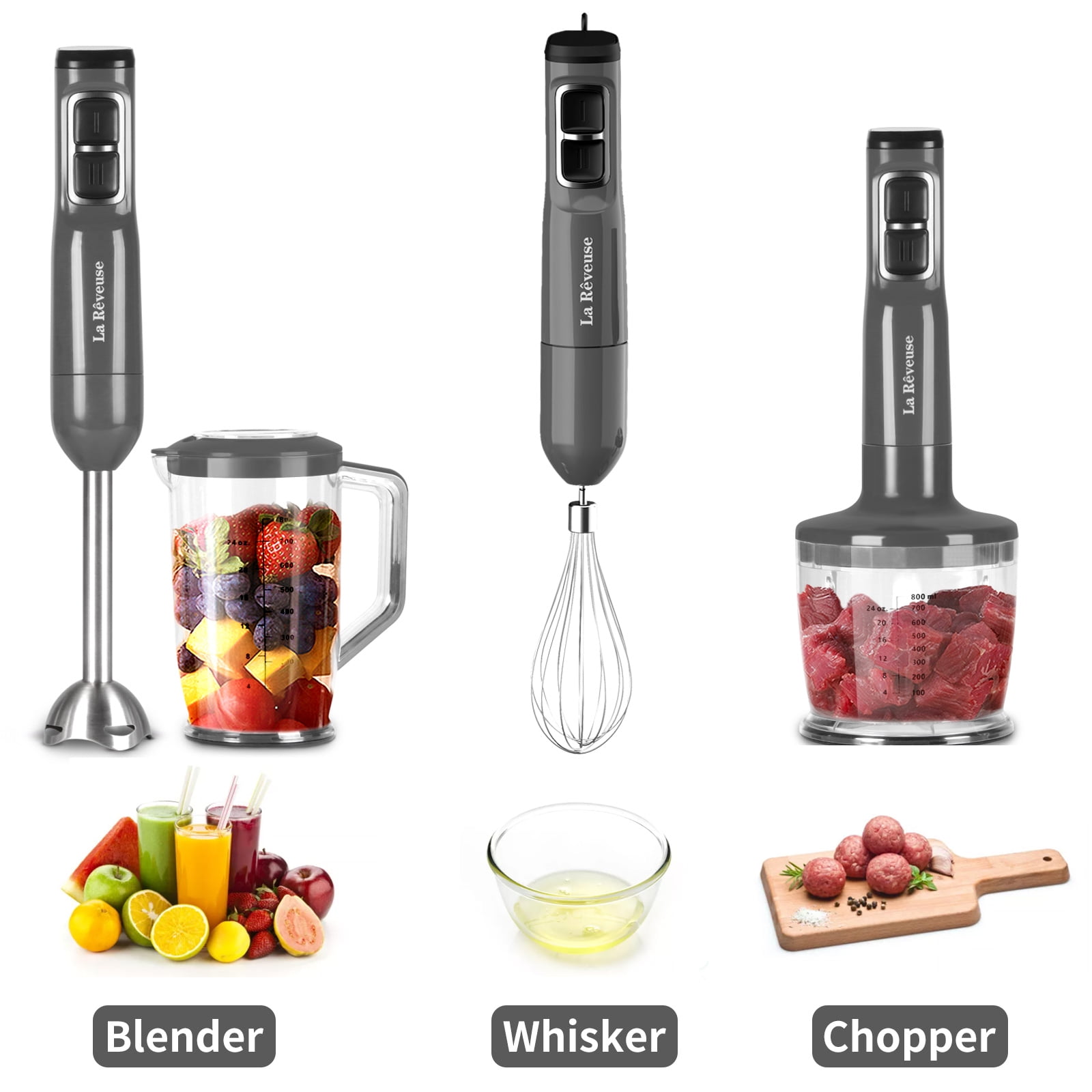 La Reveuse Immersion Hand Blender, 3 in 1, 300 Watts 2 Speeds Multi-purpose with Whisk,Mixing Beaker,Food Chopper Grinder attachments