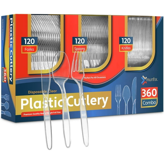 360 Count Plastic Silverware Set, 120 Clear Forks, 120 Spoons, 120 Knives, Heavy Duty BPA Free Disposable Plastic Cutlery Set, Premium Clear Plasticware for Party Supplies