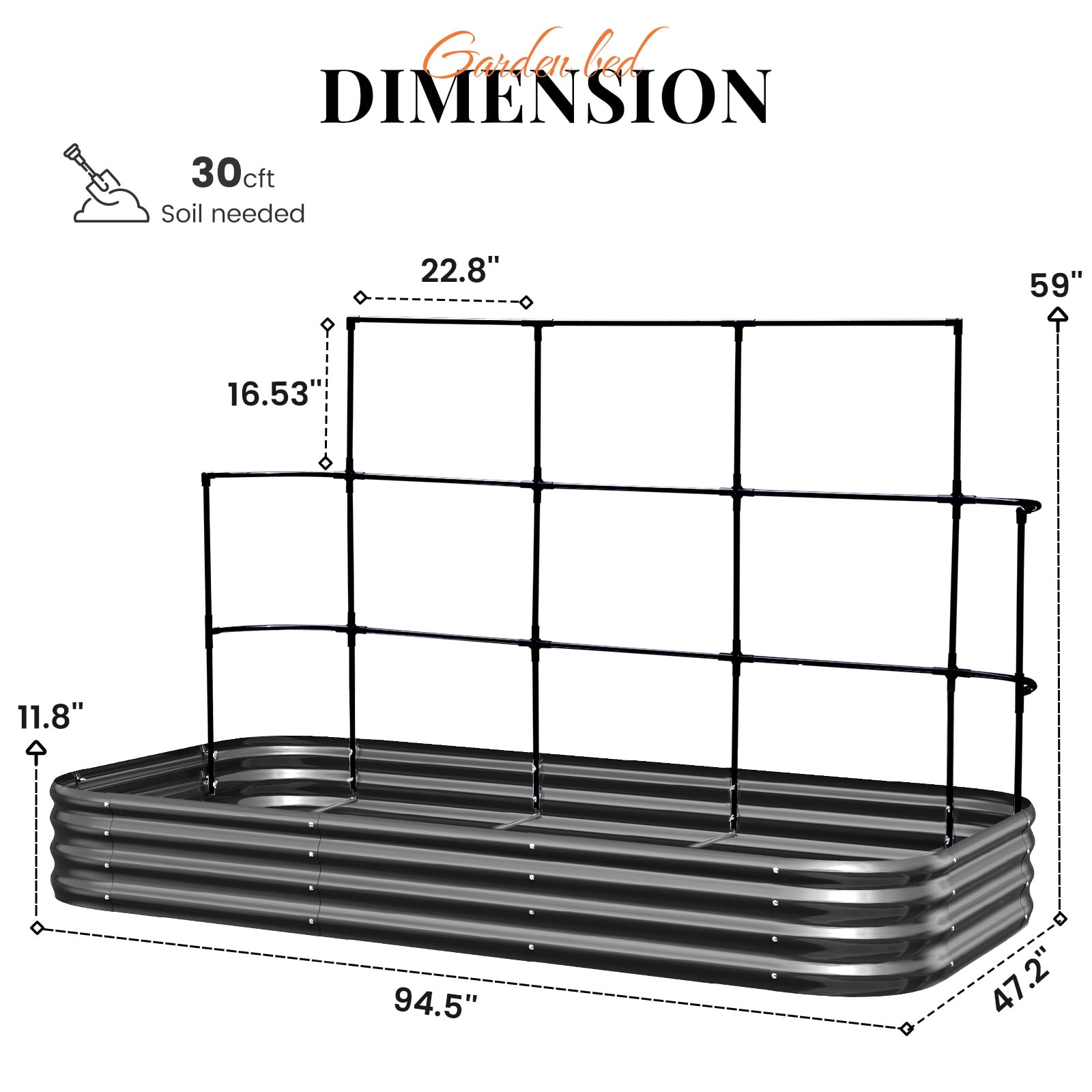 KING BIRD 7.87x3.94x0.98 ft Raised Garden Bed with Wall Trellis Galvanized Steel Metal Planter Garden Box Outdoor for Gardening Climbing Vegetables Flowers Dark Gray