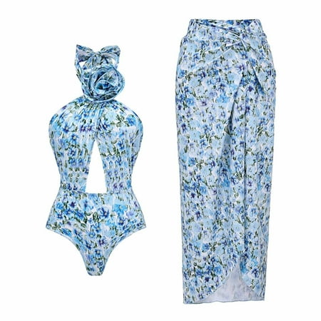 Lopeceal Women s One-Piece Bikini Swimsuit with Cover-up Skirt Blue Floral Bathing Suit Sexy Swimwear