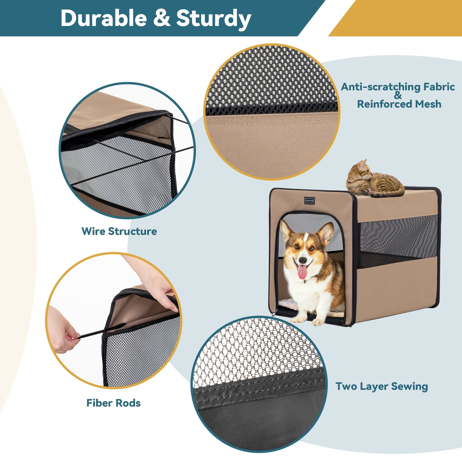 PETSFIT Collapsible Dog Crate, Chewproof Design Breathable & Collapsible Dog Kennel, Indoor and Outdoor Use with Thicken Mat 24 Inch Khaki