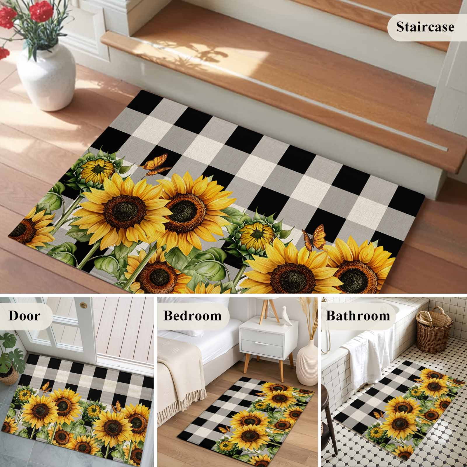 Entrance Runner Rug 2'x3', Sunflower Checkered Non-slip Doormat for Indoor Outdoor Entrance, Black Buffalo Plaid Pastoral Flowers Throw Floor Mat for Front Door/Living Room/Bedroom/Bathroom/Kitchen