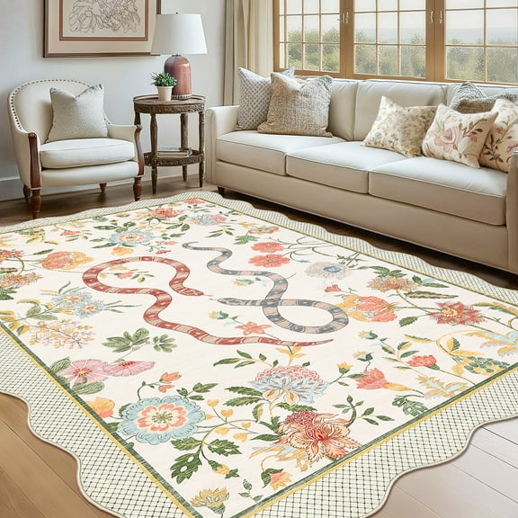 Garvee 5'x7' Snake Floral Area Rug Scalloped Rug, Machine Washable Farmhouse Indoor Carpet Non-Slip Low Pile Accent Rug for Living Room Bedroom Dining Room, Beige