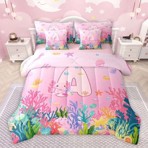 Castle Fairy Preppy Child Personalized Initial A Twin Bedding Sets 7-Piece,Cartoon Marine Axolotl Bedding Comforter Set Microfiber,Cute Ocean Wildlife Breathable Sheet Sets,Lightweight Room Decor