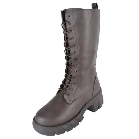

Forever Women Mid-Calf Combat Army Style Boots Lace Up Side Zipper Lug Sole Dark Brown 10