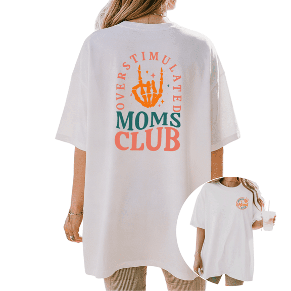 Cozymy Women's "Overstimulated Moms Club" Skeleton Hand Graphic Short Sleeve T-Shirt, Casual Cotton Crewneck Tee