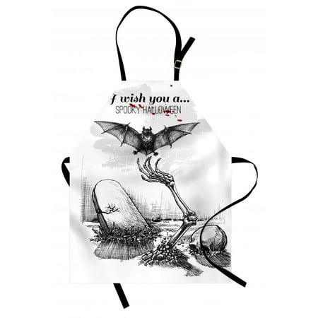 Halloween Apron Dead Skull Skeleton Out of the Grave and Flying Bat Hand Drawn Spooky Picture, Unisex Kitchen Bib Apron with Adjustable Neck for Cooking Baking Gardening, Black White, by Ambesonne