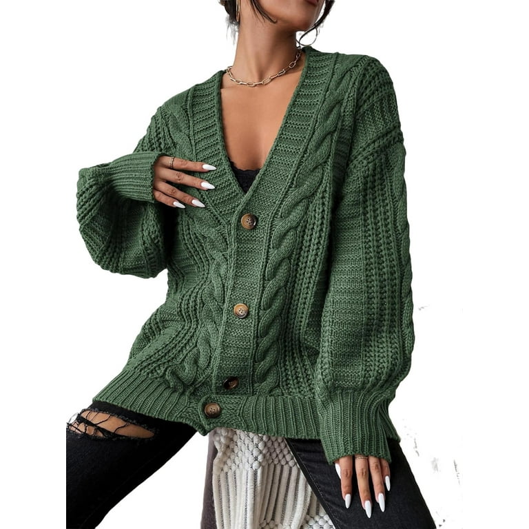 Casual Plain V neck Long Sleeve Olive Green Women Cardigans Women s Walmart