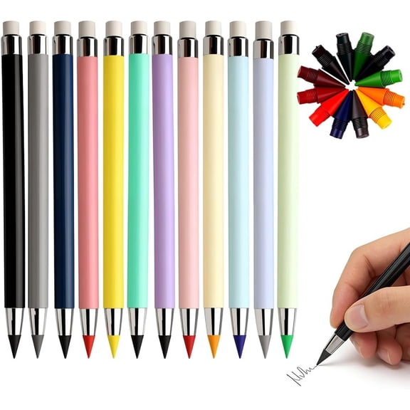 Forever Pencil, Reusable Inkless Pencils with Erasers, No-Sharpening Writing Instrument for Drawing, Sketching, Office Supplies (12 PCS Colored (with 12 colored nibs))