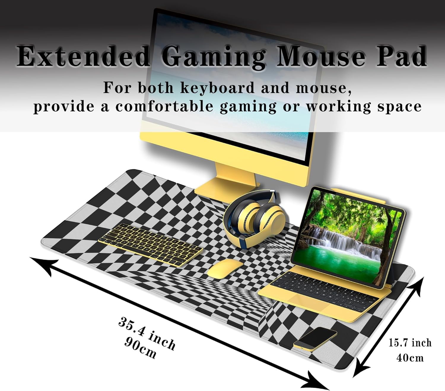 Desk Mouse Pad Black and White Pad for Table, XXL Mouse Pads Gaming Pad, Gaming Keyboard and Mouse Pad Waterproof Non-Slip Rubber Base, 35.4 X 15.7 inch for Work/Game/Office/Home Checkered
