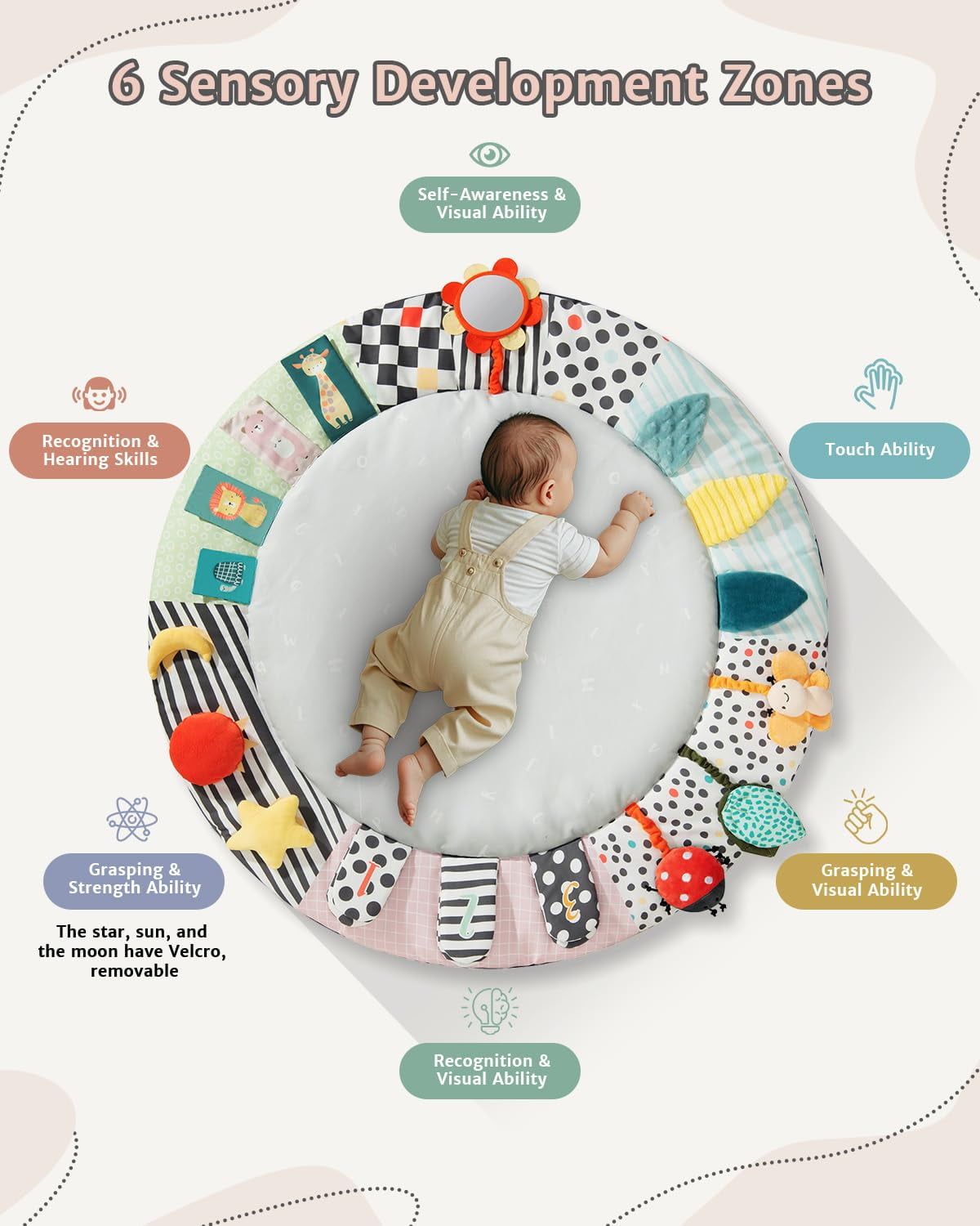 PRVAETU Wooden Baby Gym Play Mat, Foldable Tummy Time Playmat W/ 7 Detachable Toys for Infant Newborn Toddler Motor Skills Sensory Development,Green