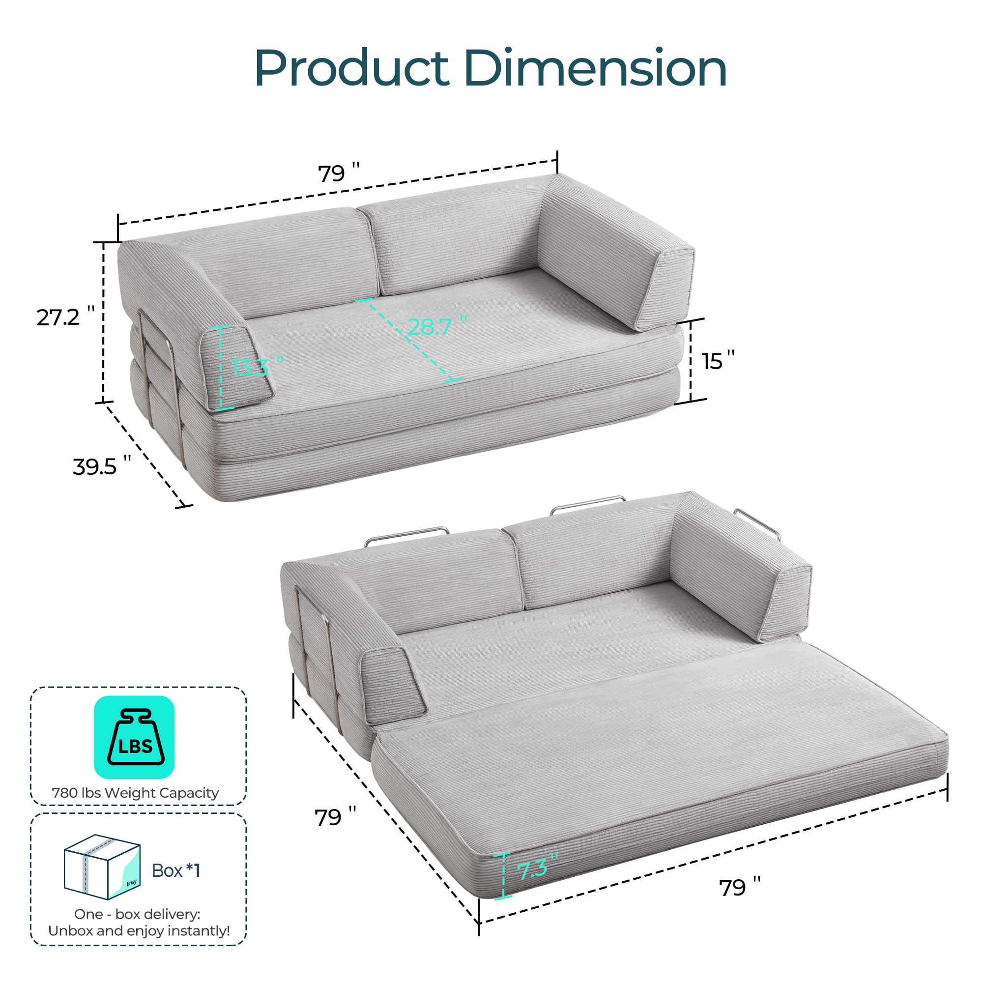 LINSY HOME Oversized Corduroy Futon Sofa Bed,  King Size Sleeper Sofa Bed for Living Room, Grey