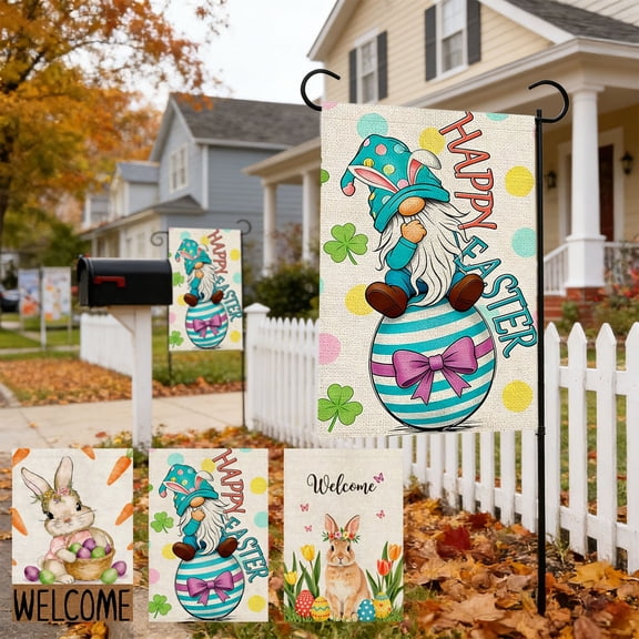 AZXY Easter Welcome Garden Flag 12x18 Inch, Double-Sided Linen Bunny with Easter Eggs Tulip Floral Print Waterproof Weather-Resistant Yard Flag for Spring Outdoor Garden Decorations