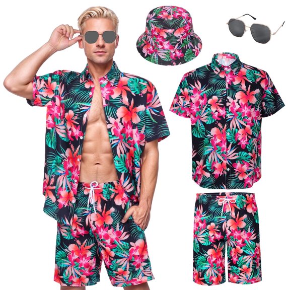 Alaiyaky Hawaiian Shirts for Men, Mens T Shirt and Short Bucket Hat Sunglasses Set Short Sleeve Tropical Summer Beach Vacation Fancy Costume Adult Outfit